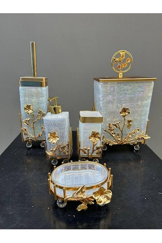 Çiçekli Beyaz Cam Kare Banyo Set Gold Çiçekli Beyaz Cam Kare Banyo Set Gold