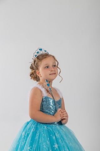 Parti Selesi Elsa Kostüm - Frozen Elbise - Askılı Tarlatanlı Eldiven Taç Asa Mavi Gelinlik Karlar Kıraliçesi Mavi