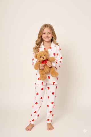 Beka Kids Desenli Uzun Kollu Önden Düğmeli Gömlek Yaka Kız Çocuk Pijama Takımı Beyaz