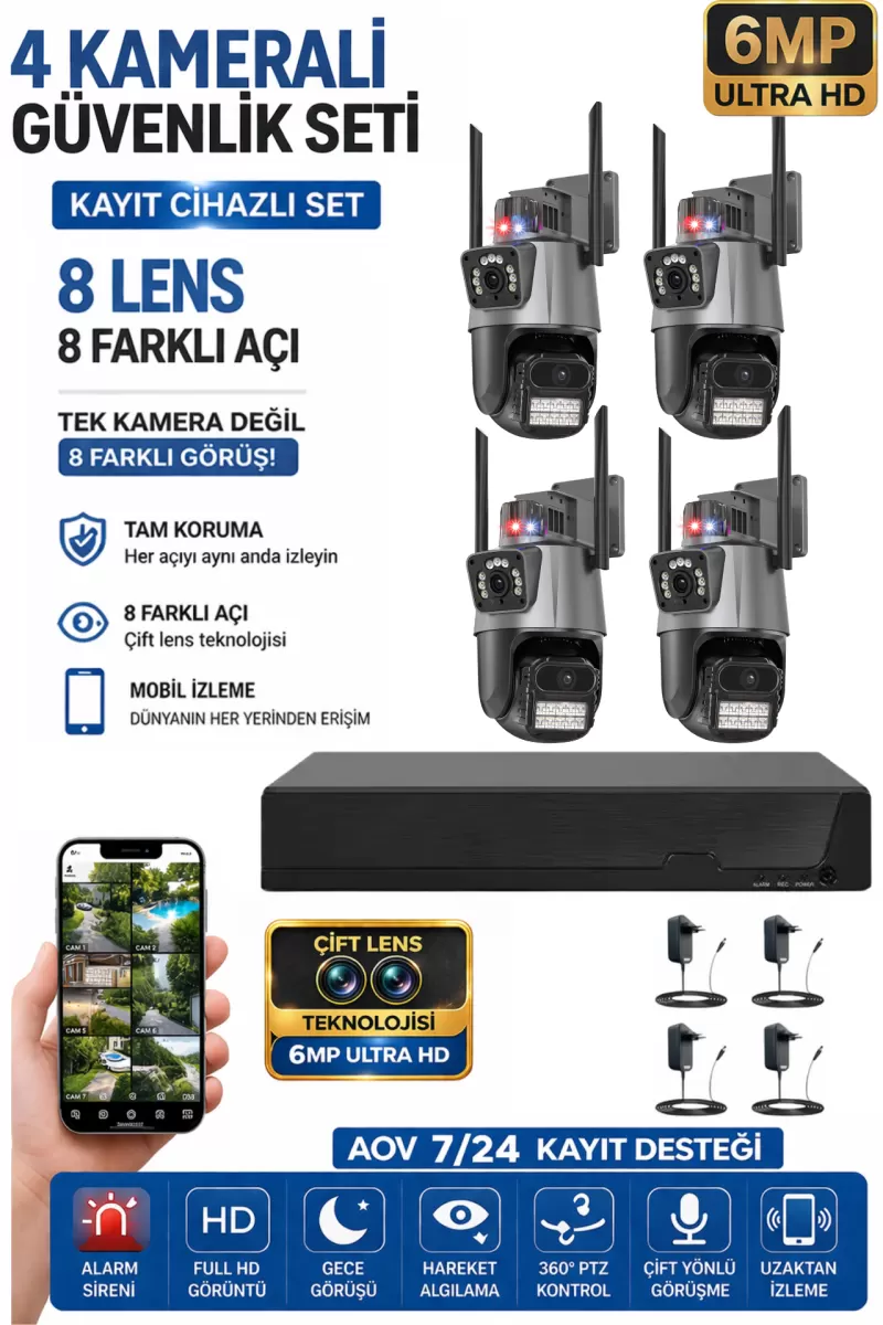 Xpro 4 Kamera 8 Lens Kablosuz Wifi Güvenlik Kamerası Seti Nvr Kayıt Cihazı Gece Görüşlü Ip Kamera Seti
