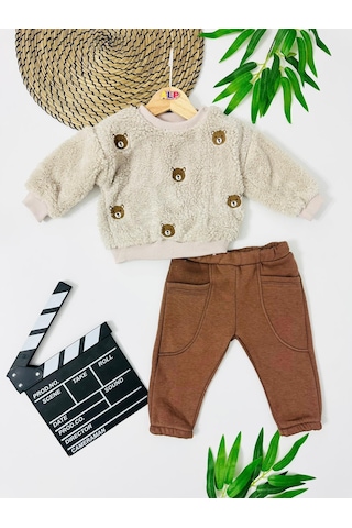 Bear Kafalar Nakışlı Omuzdan Çıtçıtlı Pantolonda Cep Detaylı Welsoft 2 Parça Takım Koyu Kahverengi