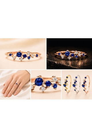 Safir Altın Kaplama Star Gümüş Yüzük, 925 Ayar Zirkon Safir Star Gümüş Yüzük