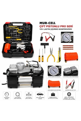 Mur-cell Çift Pistonlu Pro Seri 12v Lastik Şişirme Kompresörü Seti Hava Pompası