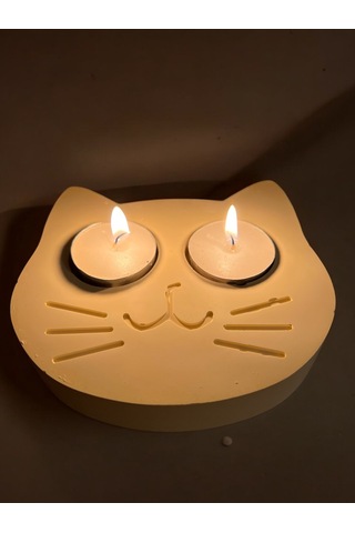 Sarı Kedi Şekilli Beton Mumluk - El Yapımı Dekoratif Çay Işığı Tealight Mumluk - Minimalist Kedi Tem Sarı