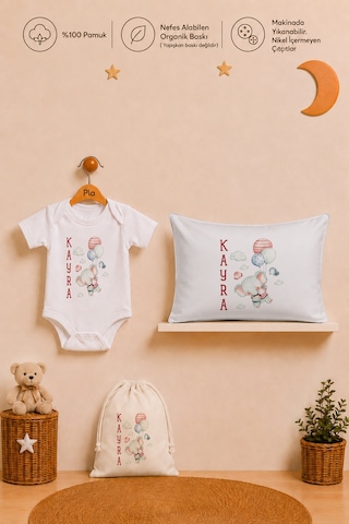 Pia Baby Erkek Bebek İsme Özel Hediye Seti %100 Pamuk Body Yastık Kılıfı Ve Ham Bez Bebek Kıyafet Kesesi 2065bykyx Ekru