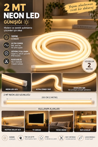 2 Metre 220volt Tak Çalıştır Gün Işığı Yüksek Performanslı 3200k Neon Led Fişli Trafo Gerektirmez Esnek Led Günışığı 3000-3200K