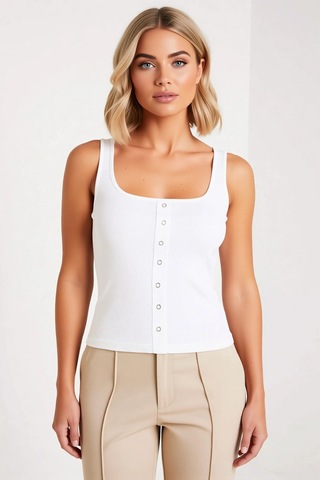 Benerly Kadın Bluz Crop Kare Yaka Kolsuz Fitted Kaşkorse Örme Çıtçıt Deta Ekru