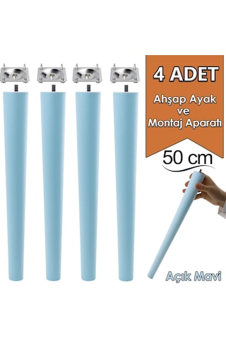 4 Adet Ahşap Ayak 50 Cm Açık Mavi M8 Civatalı Bağlantı Aparatlı Mobilya Tabure Sehpa Masa Destek Ayağı Açık Mavi