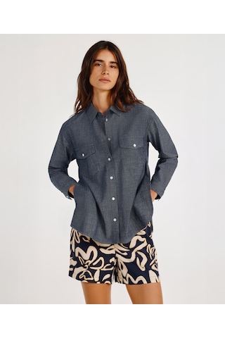 Yargıcı Yırtmaç Detaylı Uzun Kollu Denim Gömlek 25ykgm6038x 515 Mavi