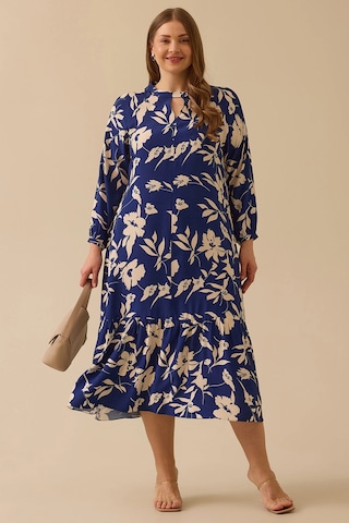 Galaxi Kadın Büyük Beden Desenli Fırfır Detaylı Elbise 4008 Lacivert Lacivert