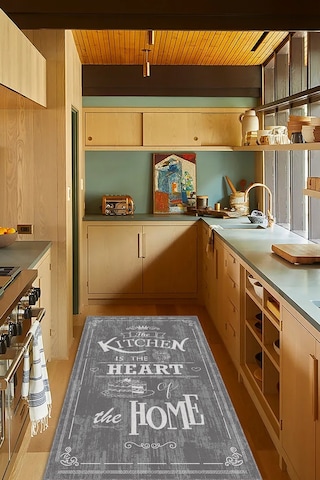 Decomia Home Dijital Baskılı Kaymaz Taban Yıkanabilir Kitchen Home Yazılı Çerçeveli Gri Mutfak Halısı DC-5017 Gri