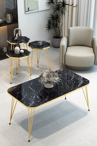 3'lü Sekizgen Zigon Sehpa Ve Dikdörtgen Orta Sehpa Takımı Modern Gold Metal Ayaklı Salon Sehpa Seti Siyah