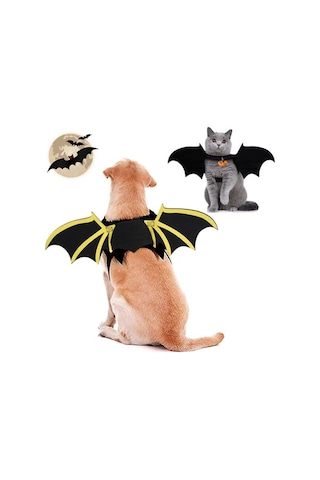 Pazly Köpek Cadılar Bayramı Kostümü - Yarasa Kanatlı Harni, Çanlı Baskılı Evcil Hayvan Kostümü Açık Mavi