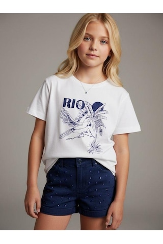 Zekids Kız Çocuk Rio Baskılı Basic T-shirt-16971 Ekru