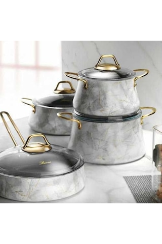 Brioni Marble 7 Parça Tencere Seti Beyaz