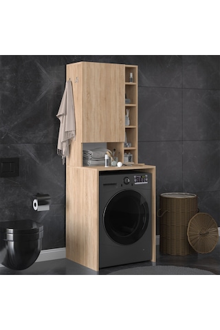 Asra Trend Çamaşır Makinesi Üstü Banyo Dolabı BD-02 %100 MDF Kapaklı Organizer Raf Sonoma Meşe