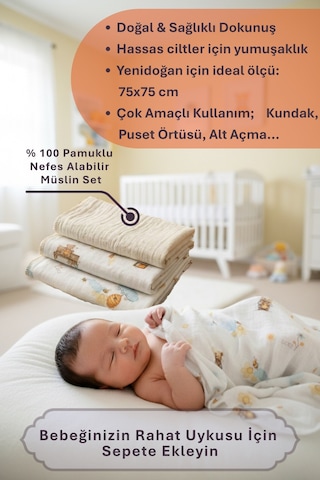Little Organic's 3'lü %100 Organik Pamuk Müslin Örtü - Battaniye Seti 75x80 CM Oeko-tex Gots - Ztbest Bear's