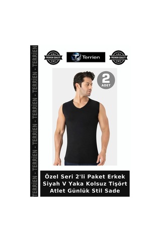 Terrien Özel Seri 2'li Paket Erkek Siyah V Yaka Kolsuz Tişört Atlet Günlük Stil Sade Siyah-2