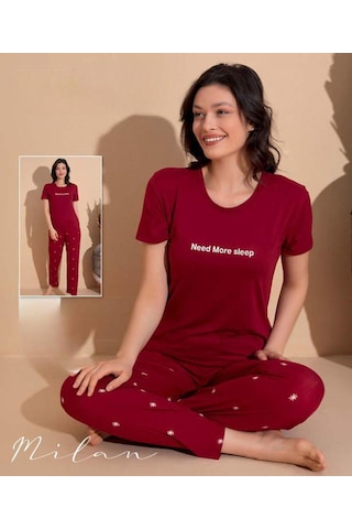 Boyraz Slim Fit Dar Kesim Kadın Milan Bisiklet Yaka Kısa Kol Pijama Takımı 11003b - 1 Adet Bordo