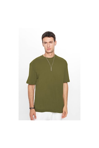 Tudors Unisex Oversize Geniş Kesim %100 Pamuk Yumuşak Dokulu Basic Bisiklet Yaka Haki Tişört-35183 Haki