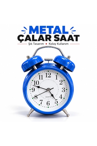 Metal Çalar Saat 12x17 Cm Yüksek Sesli Alarm, Şık Ve Dayanıklı Tasarım Mavi