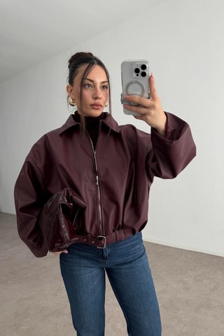 Pop Story Kadın Oversize Bomber Premium Deri Ceket Kemerli Bordo Bordo