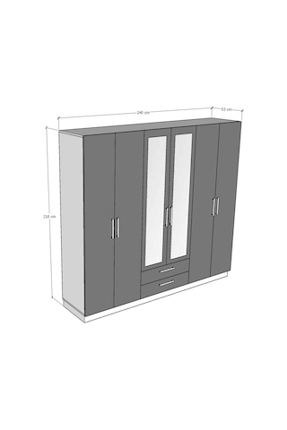 Asra Trend 6 Kapaklı Gardırop G-05 %100 MDF 2 Çekmeceli Aynalı Elbise Dolabı Safir Meşe