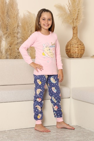Kız Çocuk %100 Pamuk İnterlok Kumaş Pijama Takımı 6-15 Yaş 12421 Pembe