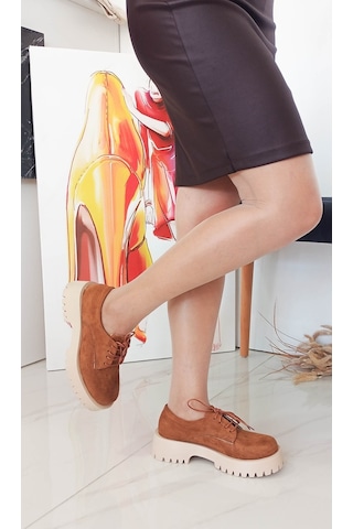 Taba Renk Süet Bağcıklı Kalın Taban Kadın Loafer Ayakkabı 001