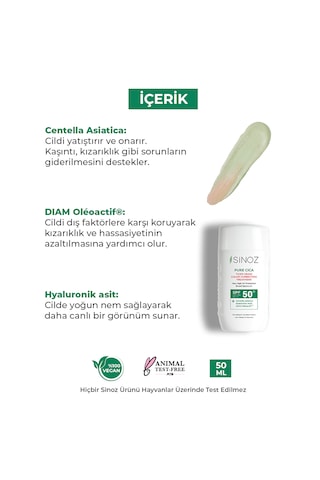 Sinoz SPF50+ Pure Cica Ton Eşitleyici Yüz Bakım Kremi - Yeni Nesil Mineral Güneş Filtresi