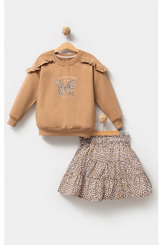 Overdo Kids Kız Çocuk Leopar Desenli Etek Taş Baskı Sweat Ikili Takım Kahverengi