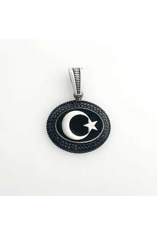 925 Ayar Gümüş Siyah Taşlı Ayyıldız Motifli Kolye Ucu Gümüş