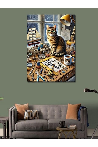 Kanvas Tablo Sanatçı Masası Ve Kedi 70cmx100cm