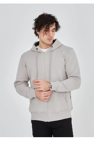 Luz&pos Erkek Tam Fermuarlı Kapşonlu Sweatshirt - Boyalı Gri Gri