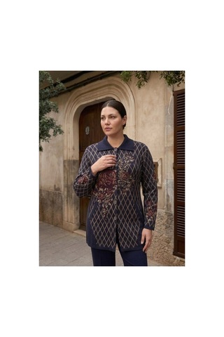 Onno Style Women Ekose Gül Pike Desenli Çelik Örgü Kadın Triko Kaban Lacivert