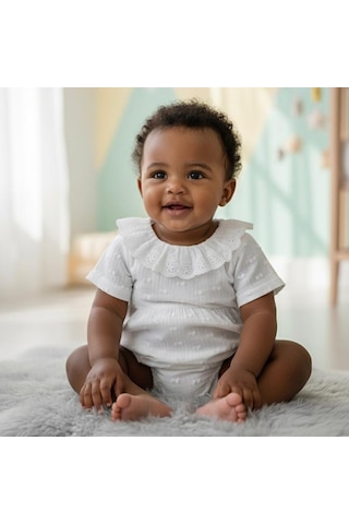 Tiffany Baby & Kids Tiffany Müslin Newborn Pure Theme Yarım Kol Fırfır Body 10008 Ekru