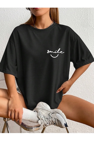 Smile Tasarım T-shirt - Siyah Baskılı Oversize Bisiklet Yaka Kısa Kol Tişört Siyah