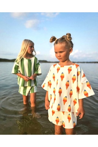 Dondurma Desenli Kız Çocuk Şortlu Takım Krem