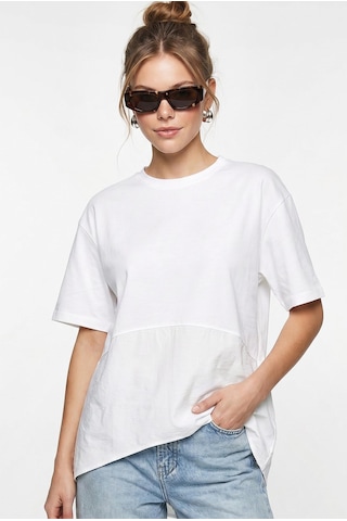 Shade Kadın Garnili Asimetrik Kesim Oversize Basic T-shirt 1069 60286252 - Beyaz