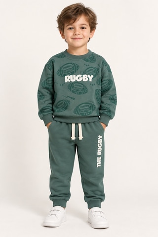 Ahengim Erkek Çocuk Rugby Topu Baskılı Pamuklu Sweatshirt Ve Pantolon Eşofman Takımı Ak119 Koyu Yeşil