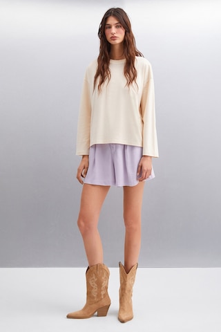 Basıl Kadın Oversize %100 Organik Pamuk Örme Uzun Kol Bej T-shirt