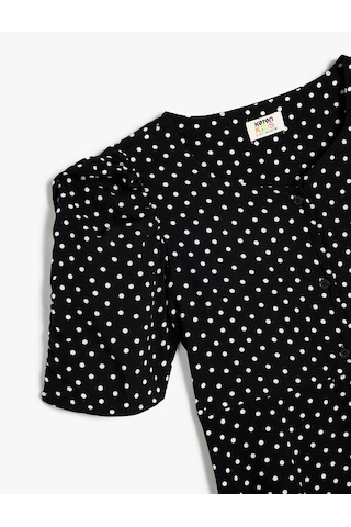 Koton Puantiyeli Elbise Balon Kollu Düğme Kapamalı Viskon Kumaş Siyah Desenli 5skg80029aw Siyah Desenli Siyah