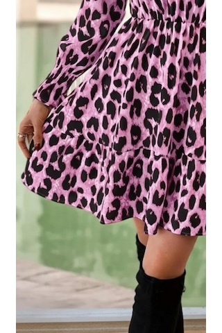Moderie Butik Kadın Uzun Kollu Yarı Balıkçı Yaka Leopar Desenli Modal Mini Elbise Desenli