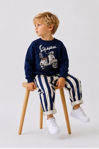 Motor Baskı Detaylı Erkek Çocuk Lacivert Sweatshirt & Çizgili Eşofman Alt Üst Takım Laci Vert