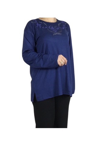 Kadın Yakası Taşlı Likralı Büyük Beden Bluz Arpbattal1 Mavi