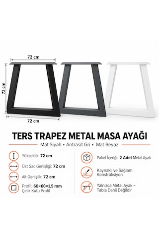Evkolleksiyon Ters Trapez Metal Masa Ayağı 2 Li Takım 72x72 Cm 60x60 Çelik Profil Siyah