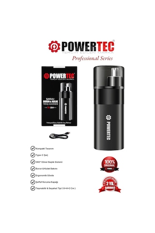 Powertec TR-504 Profesyonel Şarjlı Burun & Kulak Kılı Tıraş Makinesi 9600 Rpm 2 Saat Siyah