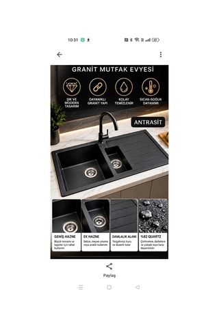 Granit Evye Zuma Series Antrasit Renk 1,5 Göz En :1000mm Boy :500mm Derinlik :200 Mm Gri