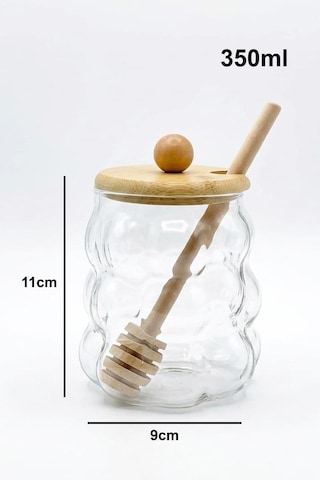 Borosilikat Cam Bal Kavanozu, Bambu Kapak 350ml Şeffaf