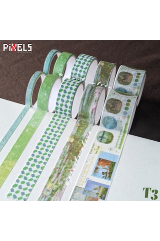 Vintage Washi Tape Bant Baskılı Yapışkanlı Maskeleme Kağıdı 45e Desenli Bant 10'lu - Yeşil Tablo 1